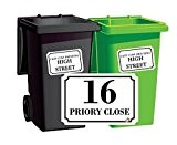 Personalised Printed Wheelie Bin Number Stickers with number and road Name - A6 Vinyl Waste Container Decals - set of ...